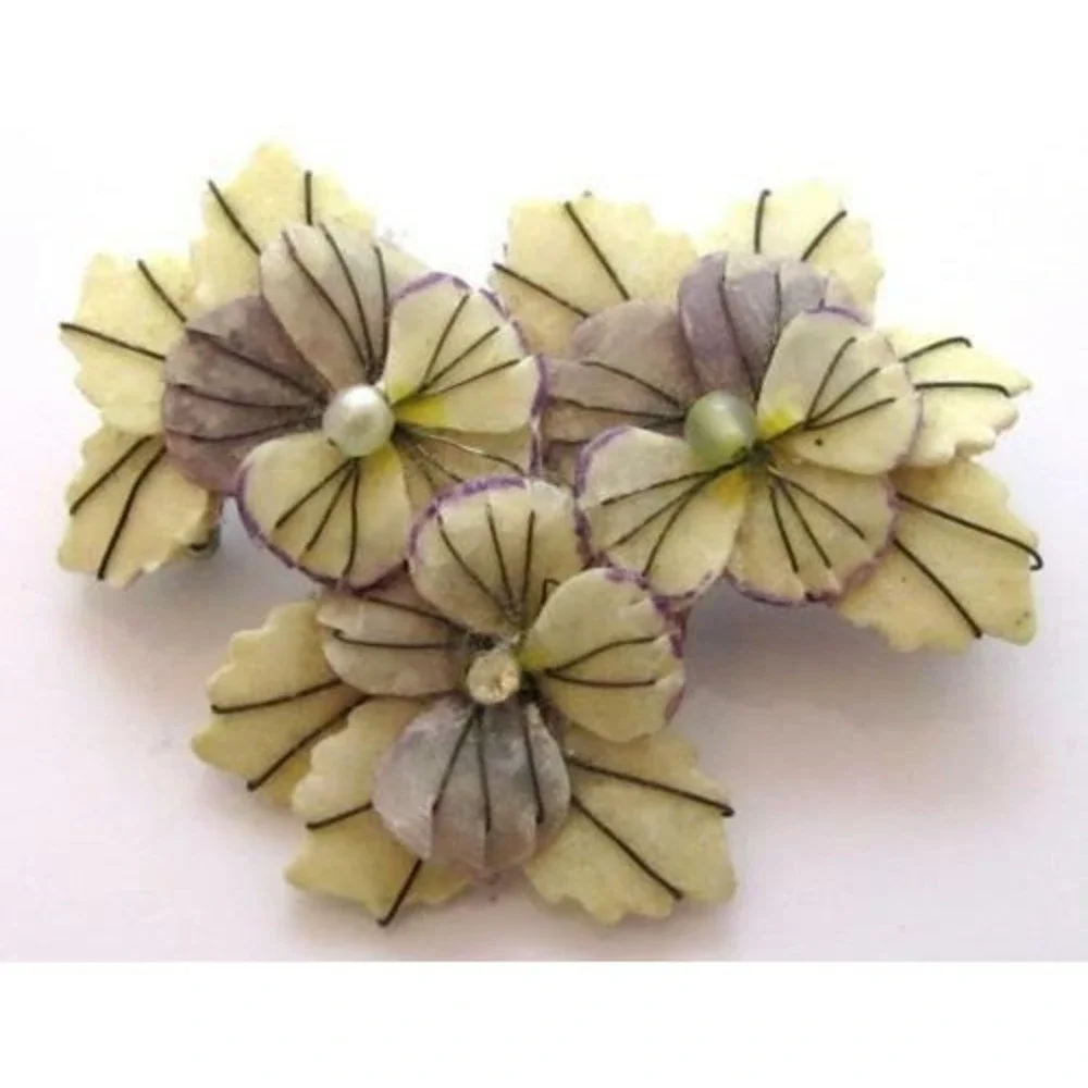 Vintage Old Pansy Flowers Pin Brooch Handmade Of Fish Scales From Atlantic Ocean